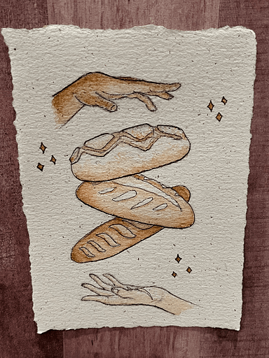 A photo of a watercolor painting on rough-edged paper. The painting shows a dark hand hovering above a trio of floating bread loves, with a light hand hovering underneath. There are gold sparkles around the bread loaves.